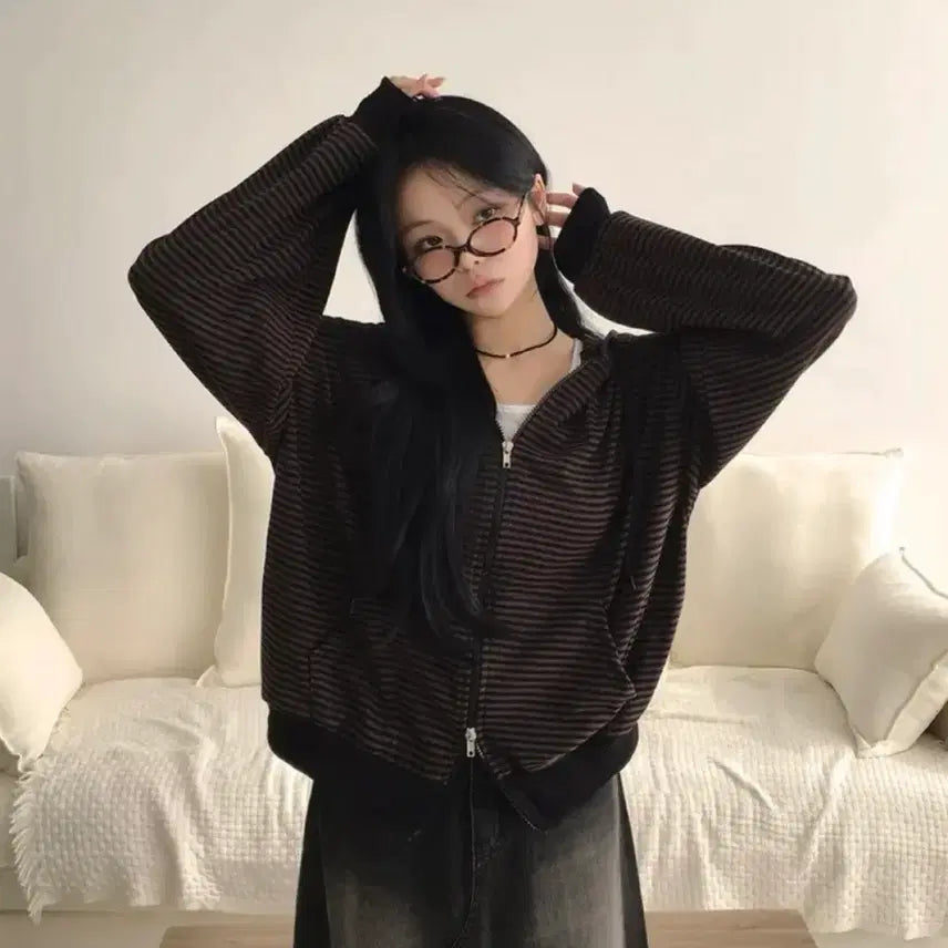 [SOLD OUT] 투웨이 배색 단가라 후드집업