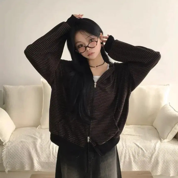 [SOLD OUT] 투웨이 배색 단가라 후드집업