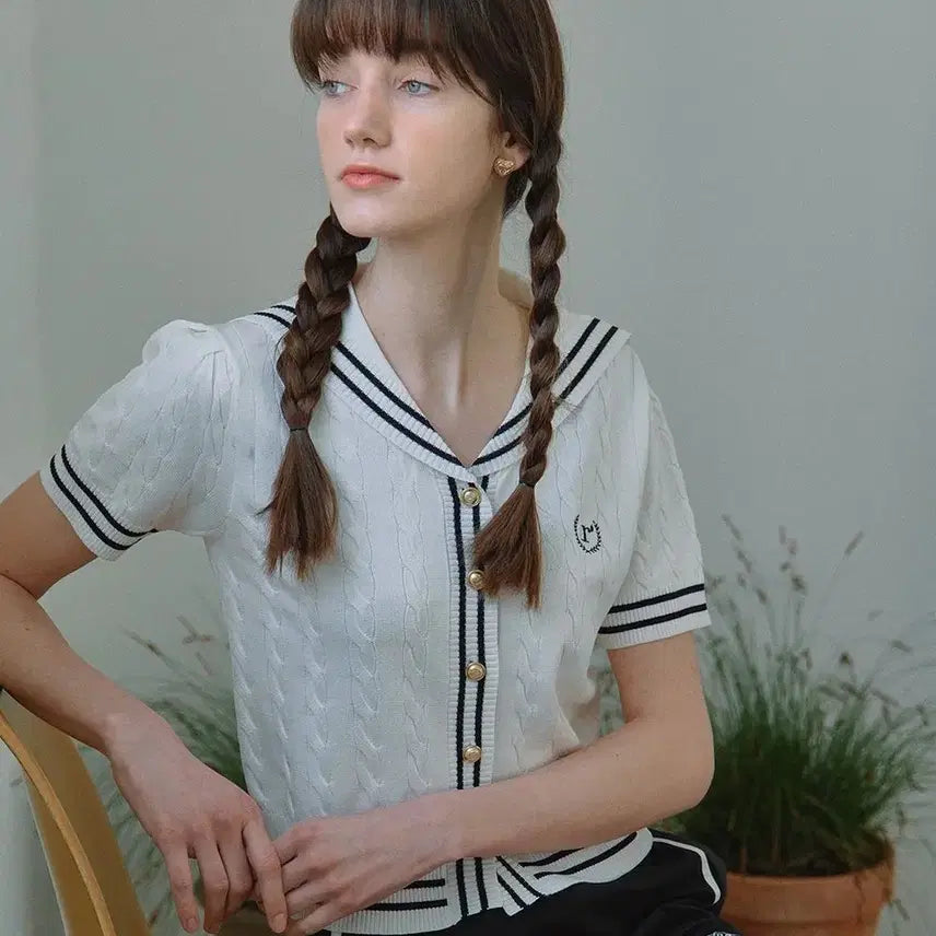 [BUNJANG] Rola Rola Sailor Collar Cable Knit Cardigan / 로라로라 세일러카라 케이블니트 반팔 가디건