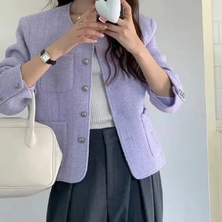 [BUNJANG] Lavender Tweed Collarless Jacket / 라벤더 트위드 노카라 자켓