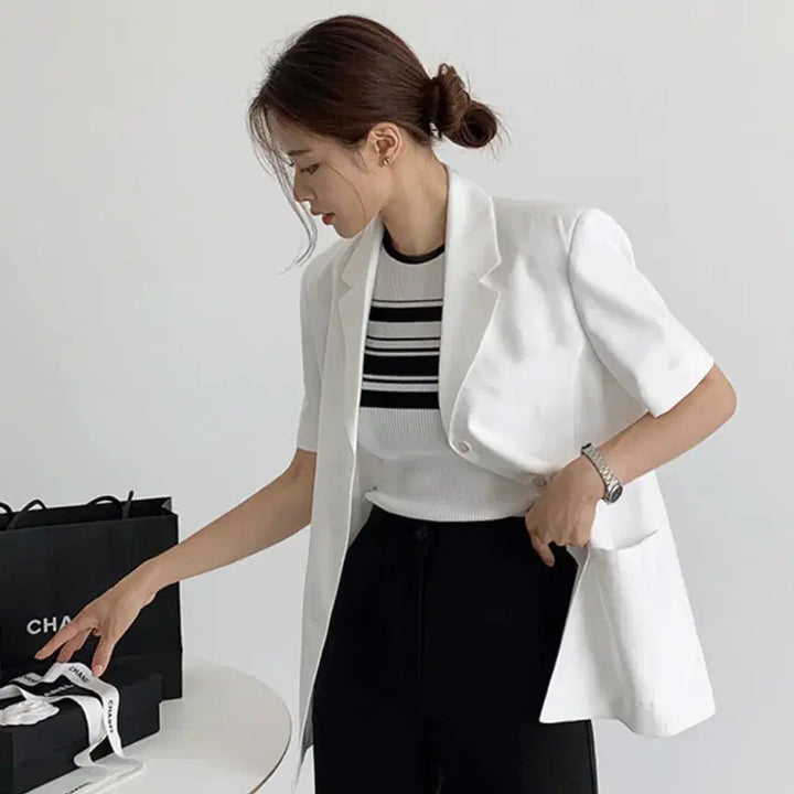 [BUNJANG] Linen Short-Sleeve Blazer Jacket / 린넨 화이트 반팔 자켓 봄 여름 정장 자켓