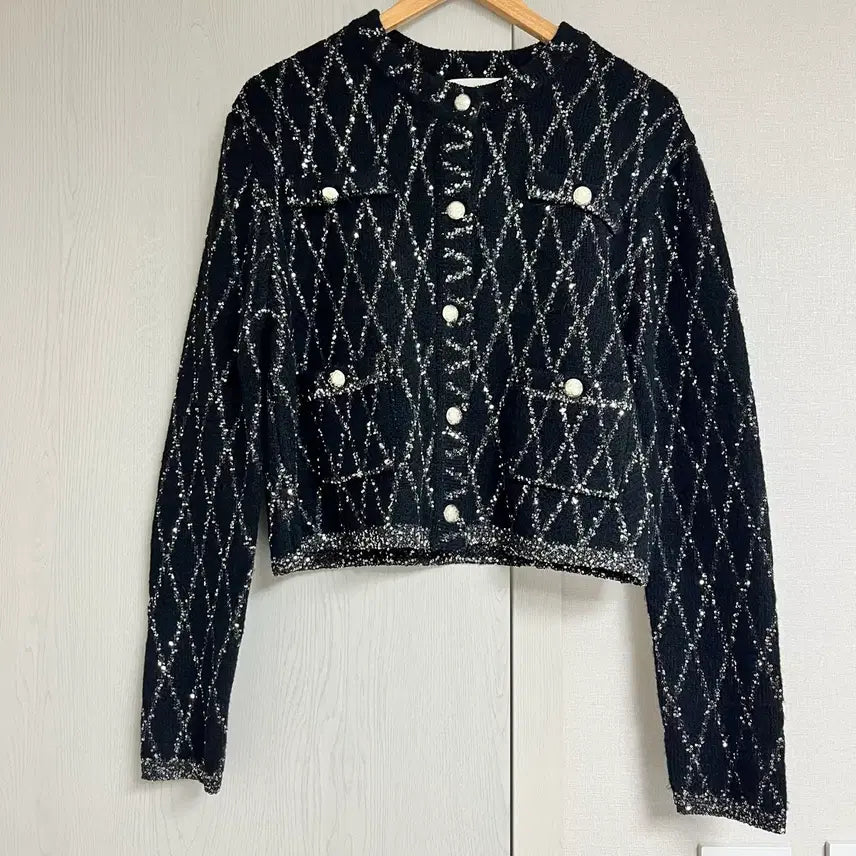 [BUNJANG] Black Pearl Tweed Sequin Cardigan Jacket / 블랙 펄 트위드 가디건 자켓 66