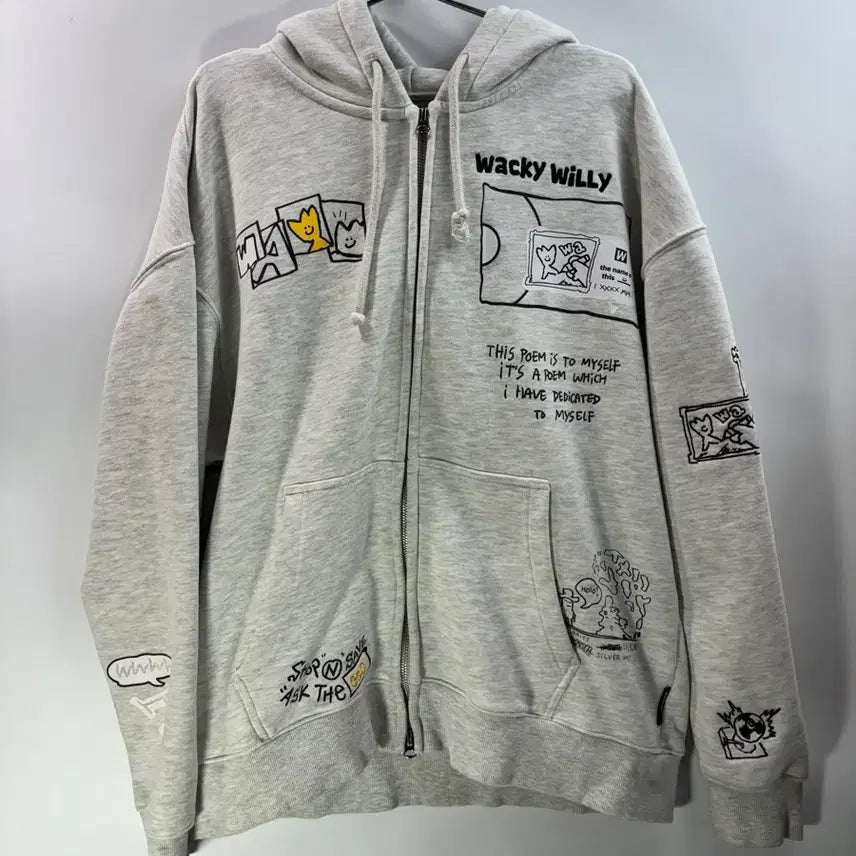 [BUNJANG] Wacky Willy Graphic Embroidered Oversized Hoodie Zip-up Melange Gray / [L/100] 와키윌리 정품 그래픽 자수 오버핏 후드 집업 멜란지 그레이