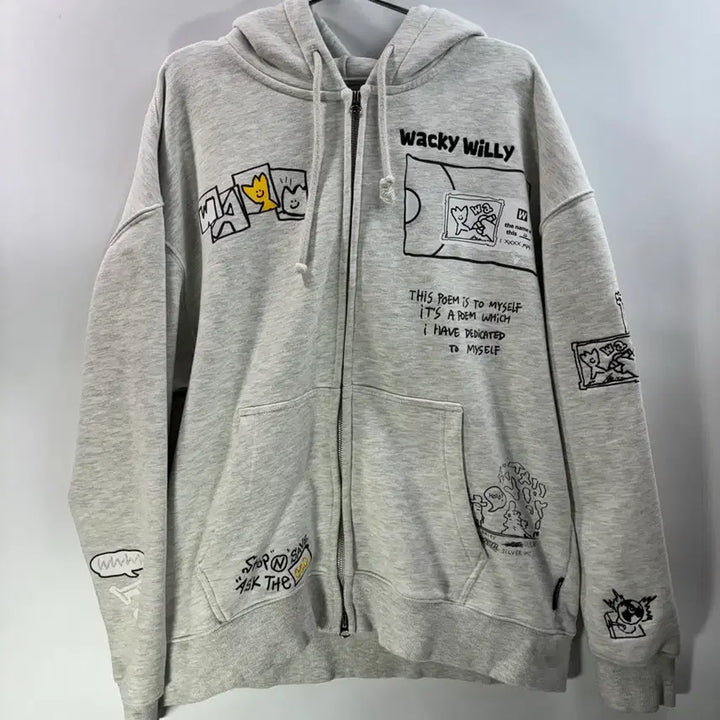 [BUNJANG] Wacky Willy Graphic Embroidered Oversized Hoodie Zip-up Melange Gray / [L/100] 와키윌리 정품 그래픽 자수 오버핏 후드 집업 멜란지 그레이
