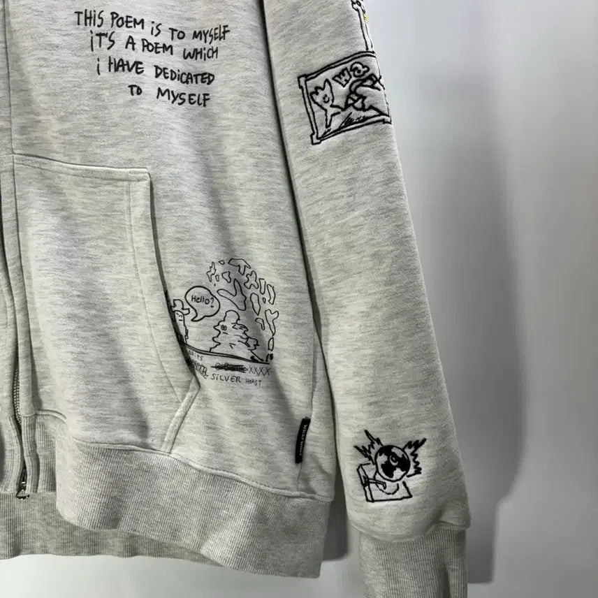 [BUNJANG] Wacky Willy Graphic Embroidered Oversized Hoodie Zip-up Melange Gray / [L/100] 와키윌리 정품 그래픽 자수 오버핏 후드 집업 멜란지 그레이