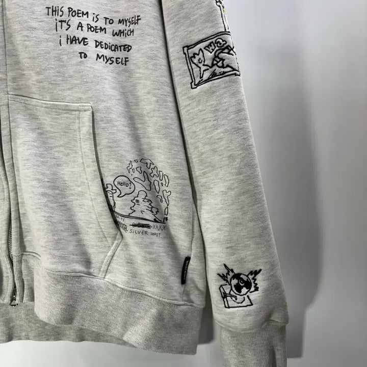 [BUNJANG] Wacky Willy Graphic Embroidered Oversized Hoodie Zip-up Melange Gray / [L/100] 와키윌리 정품 그래픽 자수 오버핏 후드 집업 멜란지 그레이
