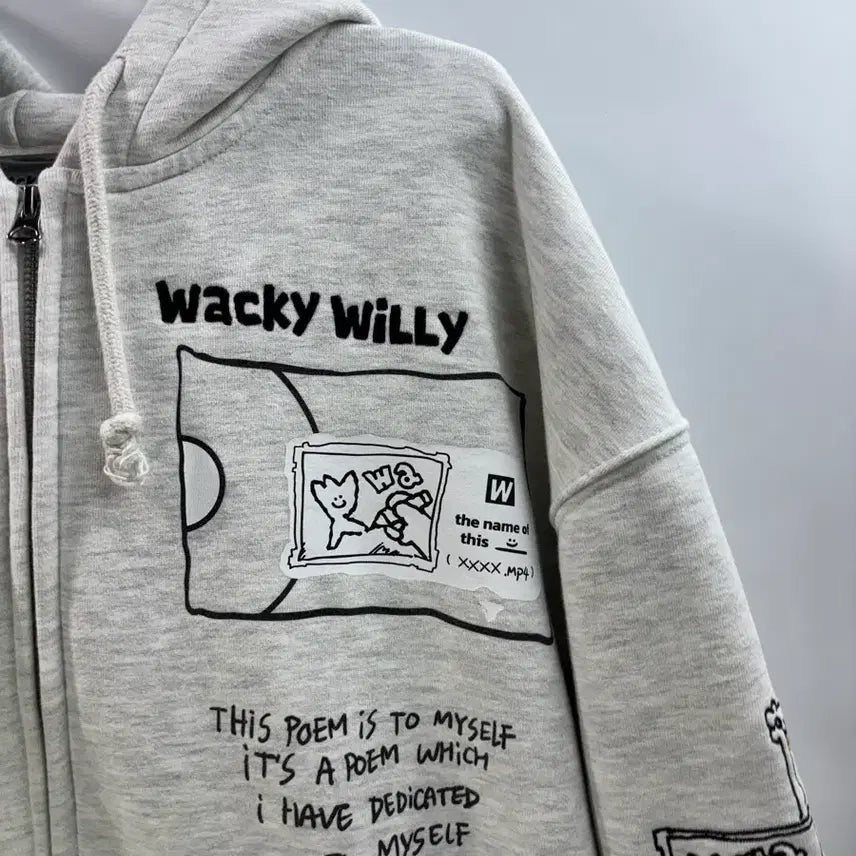 [BUNJANG] Wacky Willy Graphic Embroidered Oversized Hoodie Zip-up Melange Gray / [L/100] 와키윌리 정품 그래픽 자수 오버핏 후드 집업 멜란지 그레이