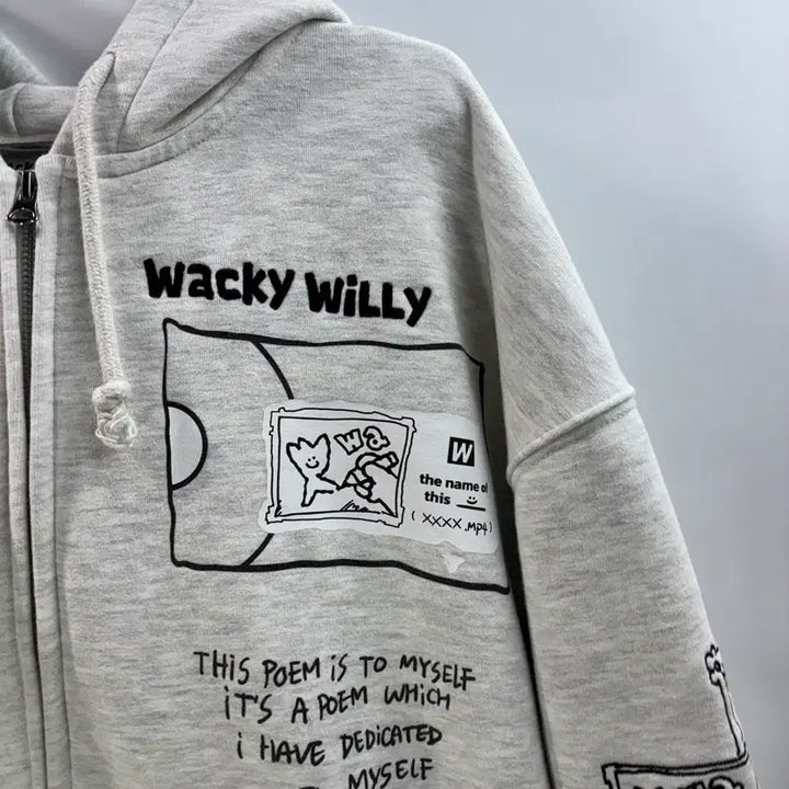 [BUNJANG] Wacky Willy Graphic Embroidered Oversized Hoodie Zip-up Melange Gray / [L/100] 와키윌리 정품 그래픽 자수 오버핏 후드 집업 멜란지 그레이
