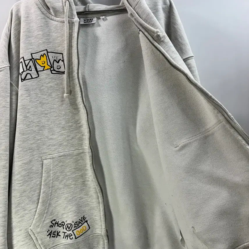 [BUNJANG] Wacky Willy Graphic Embroidered Oversized Hoodie Zip-up Melange Gray / [L/100] 와키윌리 정품 그래픽 자수 오버핏 후드 집업 멜란지 그레이