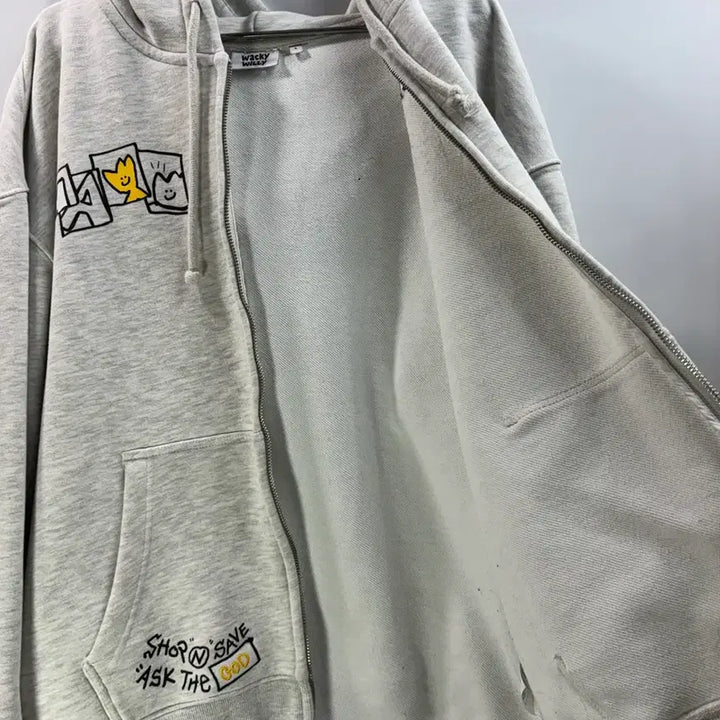 [BUNJANG] Wacky Willy Graphic Embroidered Oversized Hoodie Zip-up Melange Gray / [L/100] 와키윌리 정품 그래픽 자수 오버핏 후드 집업 멜란지 그레이