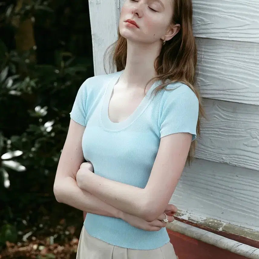 [BUNJANG] Reneena Scoop Neck Short Sleeve Knit Top / (새상품) 르니나 스쿱넥 반팔 니트 시스루 스카이 블루