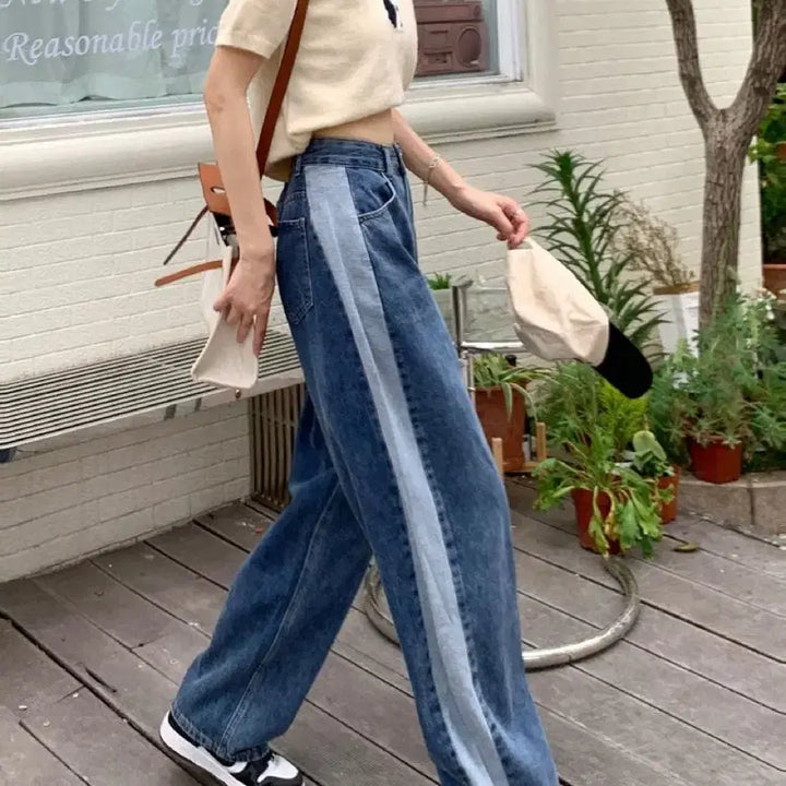 [BUNJANG] Line Accented Wide Denim Pants / 라인 배색 와이드 데님 팬츠