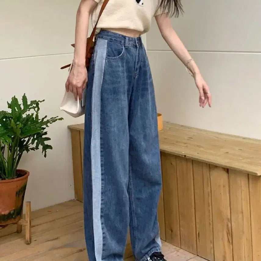 [BUNJANG] Line Accented Wide Denim Pants / 라인 배색 와이드 데님 팬츠