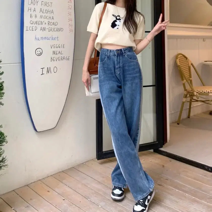 [BUNJANG] Line Accented Wide Denim Pants / 라인 배색 와이드 데님 팬츠