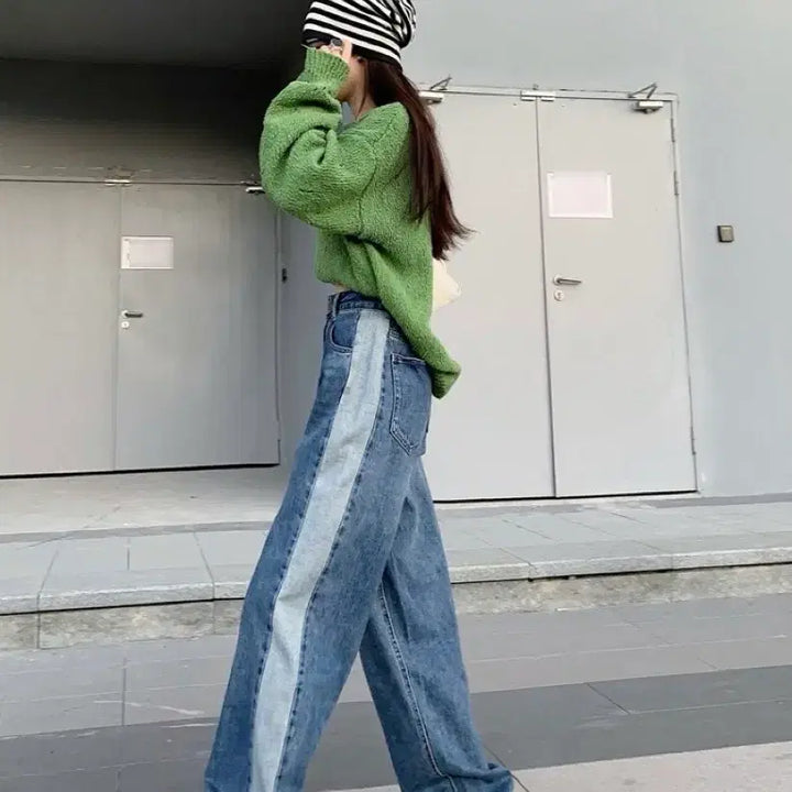 [BUNJANG] Line Accented Wide Denim Pants / 라인 배색 와이드 데님 팬츠