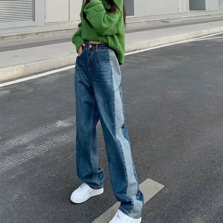 [BUNJANG] Line Accented Wide Denim Pants / 라인 배색 와이드 데님 팬츠