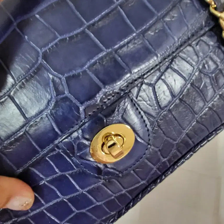 [BUNJANG] Real Crocodile Leather Chain Shoulder Bag / 네이비 리얼 악어가죽  체인 숄더백(새것)