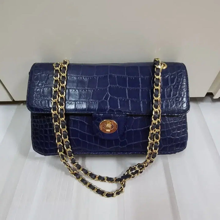 [BUNJANG] Real Crocodile Leather Chain Shoulder Bag / 네이비 리얼 악어가죽  체인 숄더백(새것)