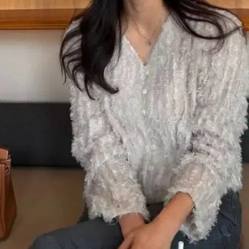 [BUNJANG] Beige See-Through Feather Crop Cardigan / 베이지 시스루 깃털 크롭 가디건 새상품
