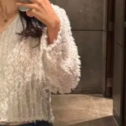 [BUNJANG] Beige See-Through Feather Crop Cardigan / 베이지 시스루 깃털 크롭 가디건 새상품