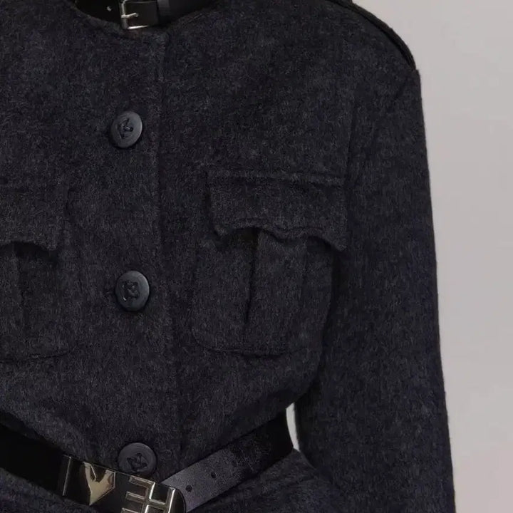 [BUNJANG] Dark Gray Wool Coat with Belt Detail / 다크 그레이 벨트 장식 모직 코트