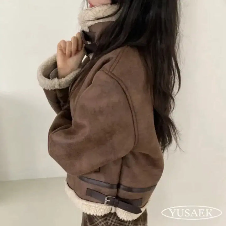 [BUNJANG] Ably Buckle Fleece High Neck Leather Mustang / 에이블리 버클 양털 하이넥 레더 무스탕 판매