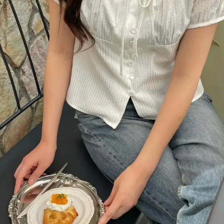 [BUNJANG] Ribbon Short Sleeve Blouse / 리본 반팔 블라우스