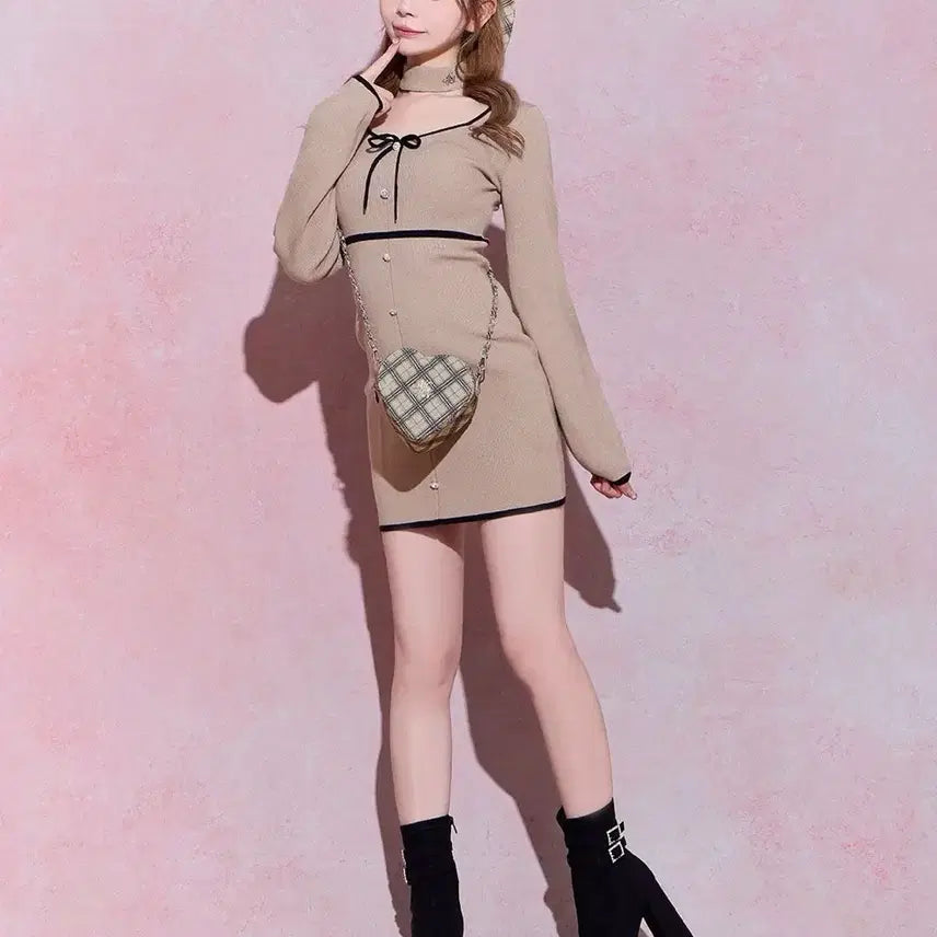 [BUNJANG] Michel Macaron Knit Choker Ribbon Dress / 미셸마카롱 니트 초커 리본 원피스 비쥬 스나계 피움 허니뮤 grl 갸루