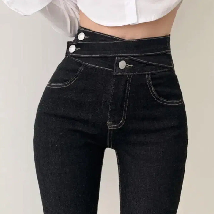 [SOLD OUT] 에이블리 핏존예 스판있음 더블 스트랩 하이웨스트 흑청 데님 스키니 팬츠