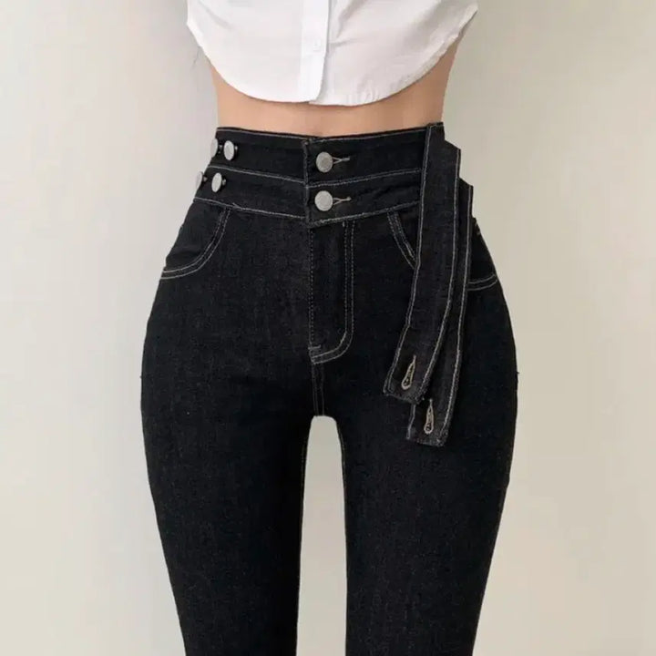 [SOLD OUT] 에이블리 핏존예 스판있음 더블 스트랩 하이웨스트 흑청 데님 스키니 팬츠