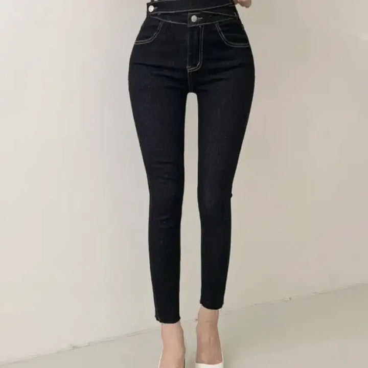 [SOLD OUT] 에이블리 핏존예 스판있음 더블 스트랩 하이웨스트 흑청 데님 스키니 팬츠