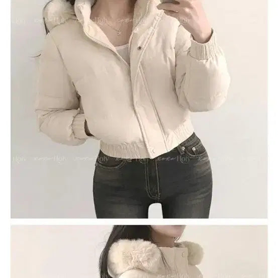 [BUNJANG] Raraholy Ivory Fur Hooded Short Padded Jacket / Raraholy 아이보리 퍼 후드 숏패딩