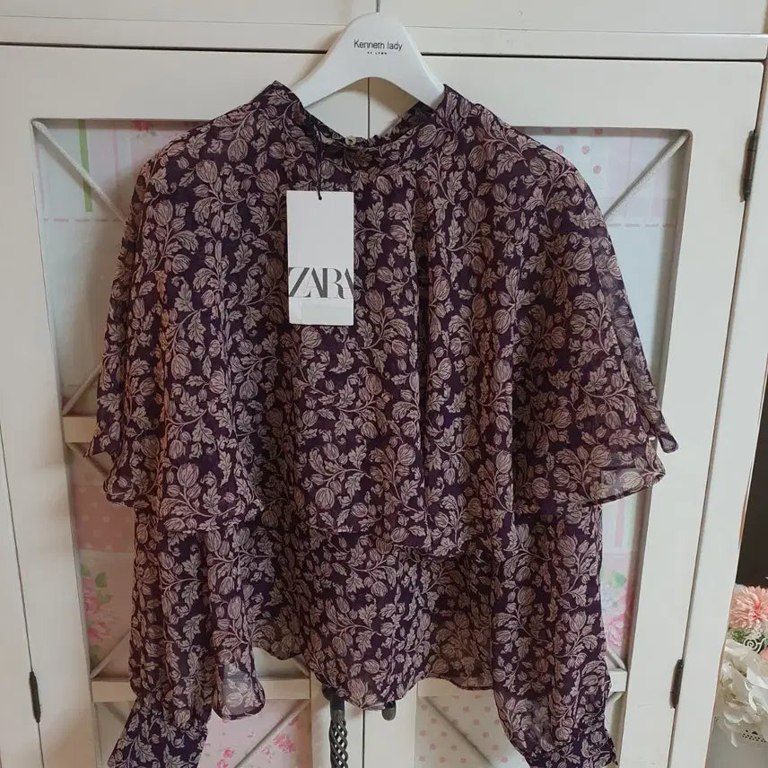 [BUNJANG] ZARA Cape Blouse - Purple Floral Pattern / 자라 케이프 블라우스/55-66 새상품