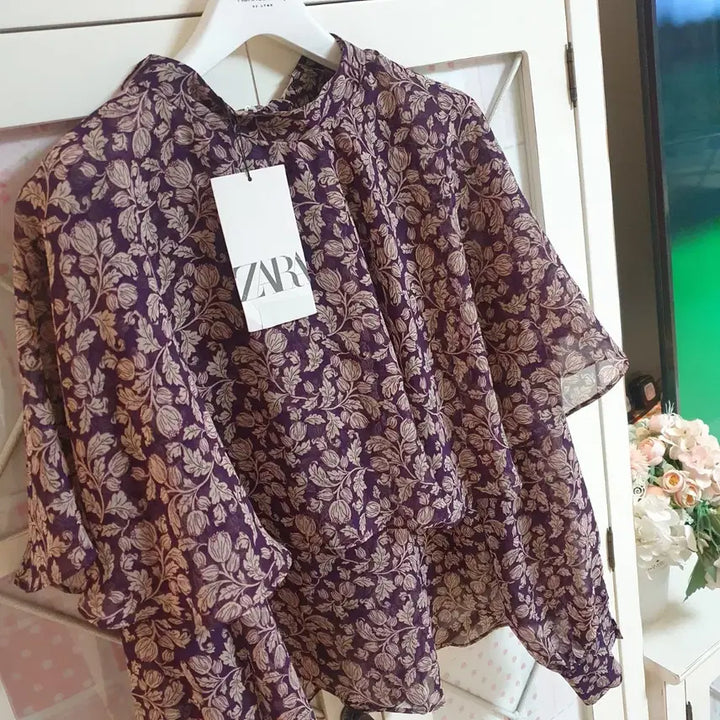 [BUNJANG] ZARA Cape Blouse - Purple Floral Pattern / 자라 케이프 블라우스/55-66 새상품