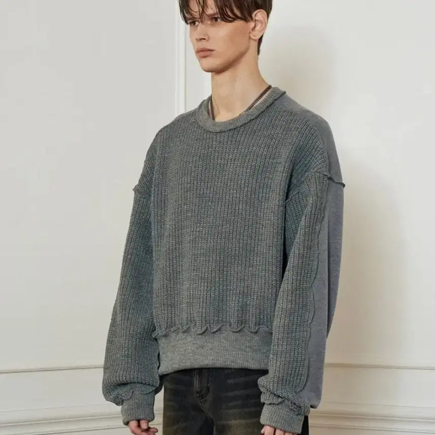 [BUNJANG] RECTO Overfit Mix Knit Sweatshirt [Gray] / 레시토 OVERFIT MIX KNIT SWEATSHIRT_[GRAY]