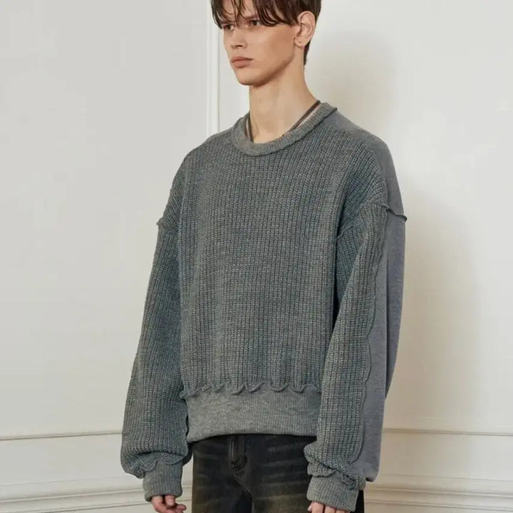 [BUNJANG] RECTO Overfit Mix Knit Sweatshirt [Gray] / 레시토 OVERFIT MIX KNIT SWEATSHIRT_[GRAY]