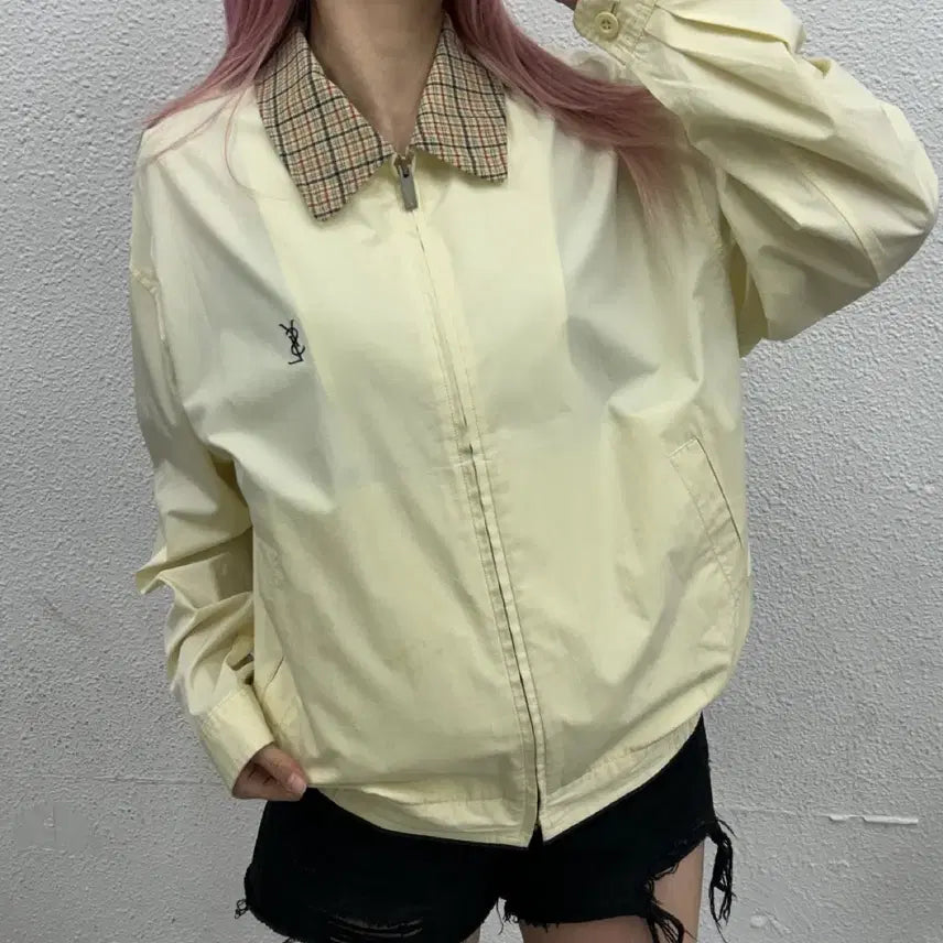 [BUNJANG] Yves Saint Laurent Checkered Collar Ivory Jacket / 입생로랑 체크 카라 아이보리 자켓