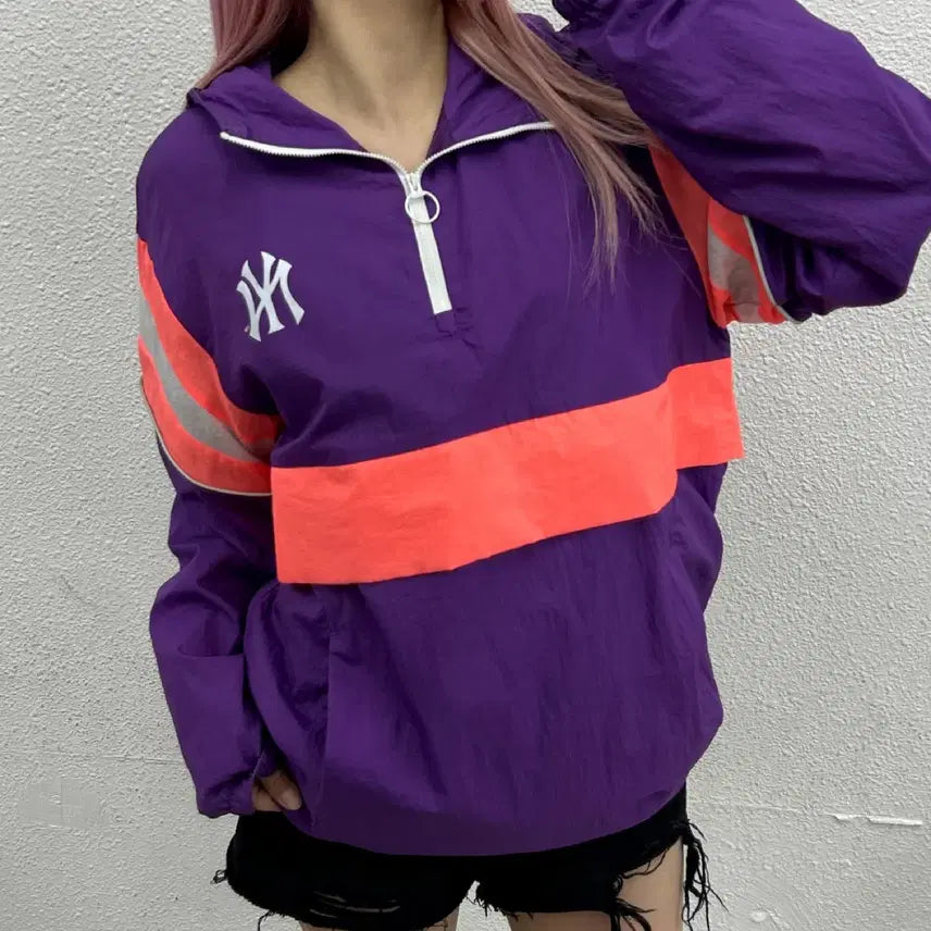 [BUNJANG] MLB Blue Hooded Windbreaker S / MLB 형광 배색 블루 후드 바람막이 S