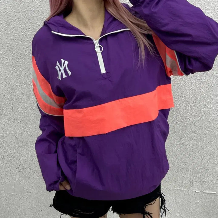 [BUNJANG] MLB Blue Hooded Windbreaker S / MLB 형광 배색 블루 후드 바람막이 S