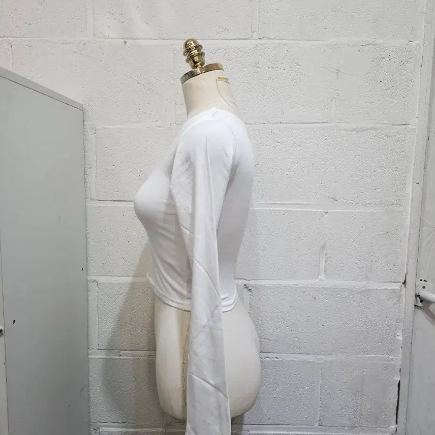 [BUNJANG] Basic Crop Long Sleeve Top - White / 유넥 이중안감 크롭 무지 긴팔1- 화이트