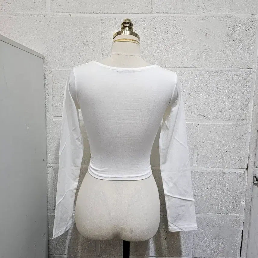 [BUNJANG] Basic Crop Long Sleeve Top - White / 유넥 이중안감 크롭 무지 긴팔1- 화이트