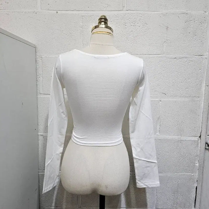 [BUNJANG] Basic Crop Long Sleeve Top - White / 유넥 이중안감 크롭 무지 긴팔1- 화이트