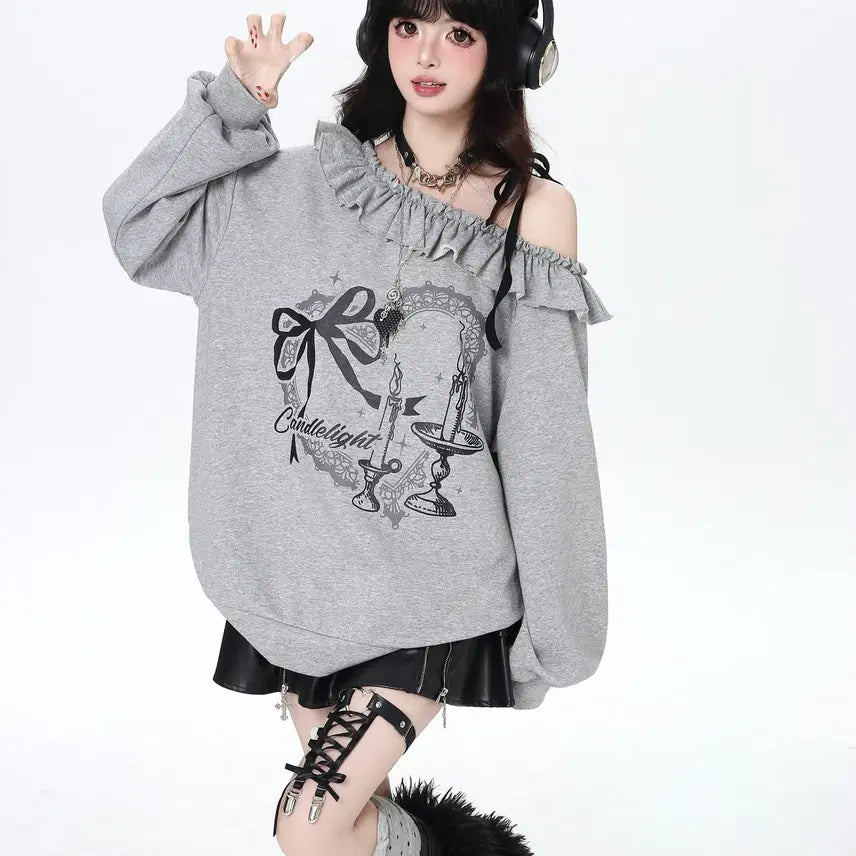 [BUNJANG] CRAZYGIRL One-Shoulder Ribbon Oversized T-Shirt / CRAZYGIRL 서브컬쳐 원숄더 리본 장식 오버핏 티셔츠