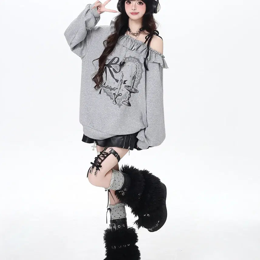 [BUNJANG] CRAZYGIRL One-Shoulder Ribbon Oversized T-Shirt / CRAZYGIRL 서브컬쳐 원숄더 리본 장식 오버핏 티셔츠