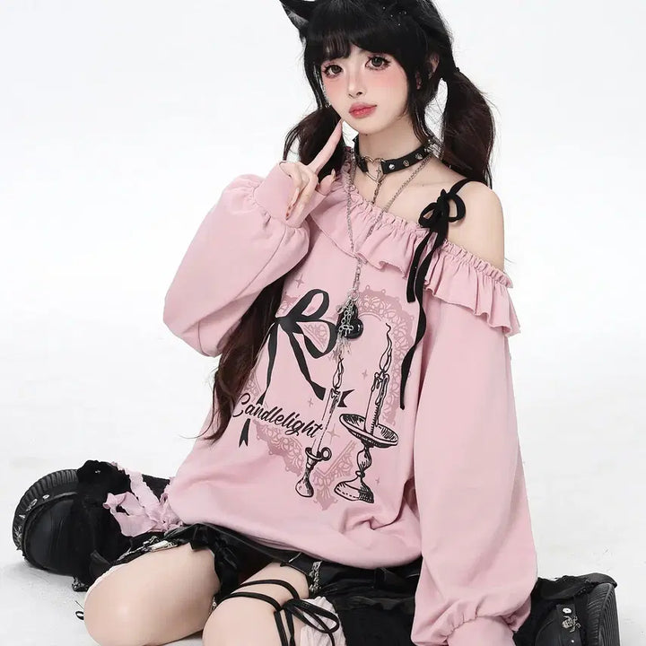 [BUNJANG] CRAZYGIRL One-Shoulder Ribbon Oversized T-Shirt / CRAZYGIRL 서브컬쳐 원숄더 리본 장식 오버핏 티셔츠
