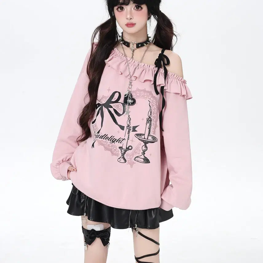 [BUNJANG] CRAZYGIRL One-Shoulder Ribbon Oversized T-Shirt / CRAZYGIRL 서브컬쳐 원숄더 리본 장식 오버핏 티셔츠