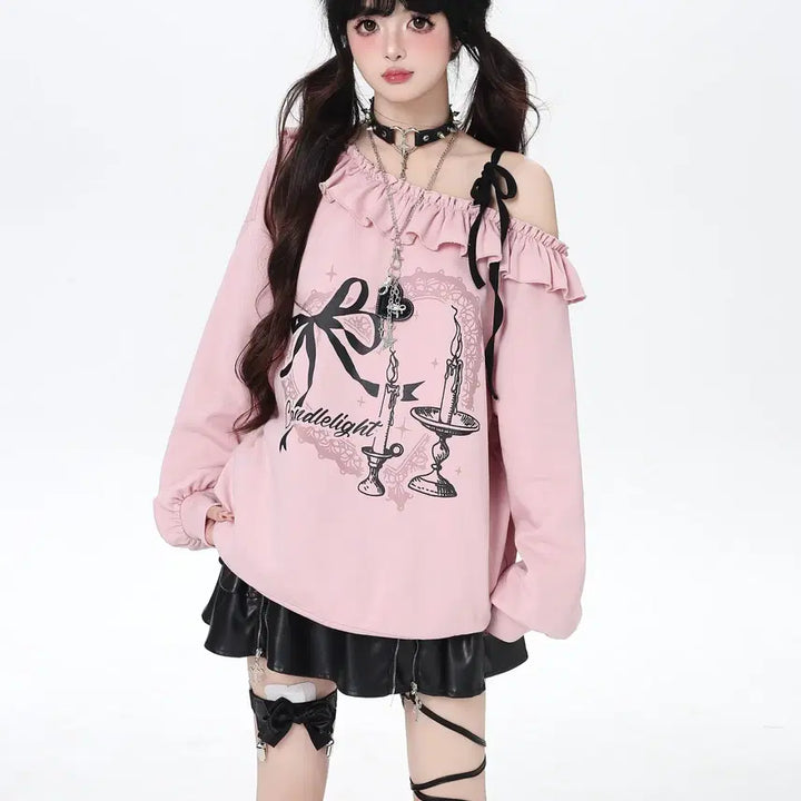 [BUNJANG] CRAZYGIRL One-Shoulder Ribbon Oversized T-Shirt / CRAZYGIRL 서브컬쳐 원숄더 리본 장식 오버핏 티셔츠
