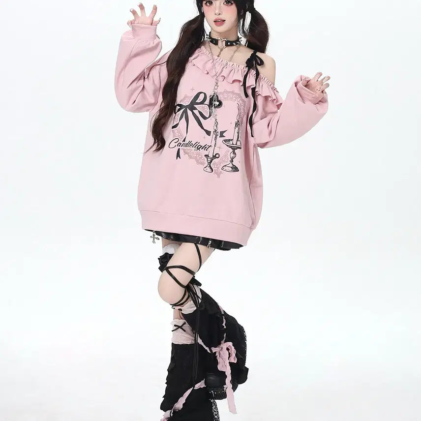 [BUNJANG] CRAZYGIRL One-Shoulder Ribbon Oversized T-Shirt / CRAZYGIRL 서브컬쳐 원숄더 리본 장식 오버핏 티셔츠