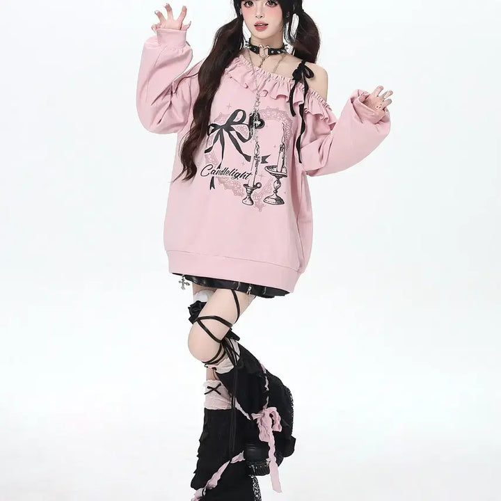 [BUNJANG] CRAZYGIRL One-Shoulder Ribbon Oversized T-Shirt / CRAZYGIRL 서브컬쳐 원숄더 리본 장식 오버핏 티셔츠