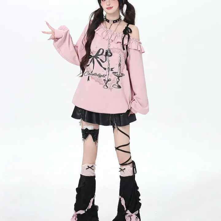 [BUNJANG] CRAZYGIRL One-Shoulder Ribbon Oversized T-Shirt / CRAZYGIRL 서브컬쳐 원숄더 리본 장식 오버핏 티셔츠